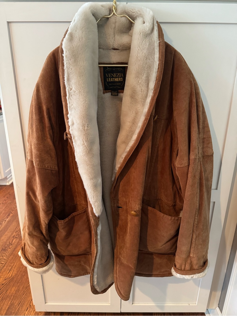 Venezia Brown Suede Puffer Coat with Cream Shearling Trim